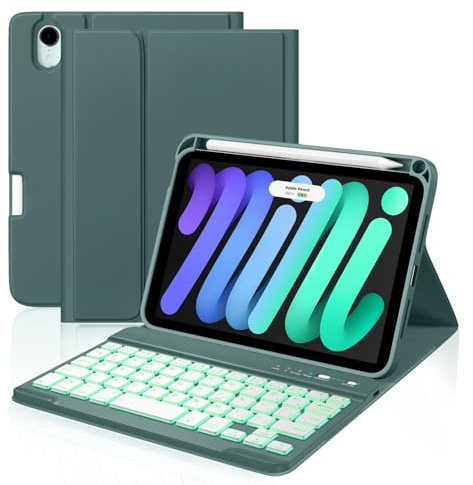 Cousper Funda con teclado para iPad Mini 7 A17 Pro 2024/iPad Mini de 6 generaciones con teclado 2021 de 8.3 pulgadas, soporte para lápices, cubierta de teclado desmontable retroiluminada de 7 colores
