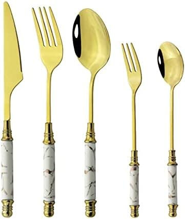 BOSHYUM Set di Posate in Argento, Set di stoviglie in Ceramica Dorata, Posate in Acciaio Inossidabile, forchetta, Cucchiaio, Coltello, Set da tavola, Set di Posate in Oro Bianco