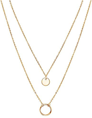 day.berlin Damen Halskette Circle in Gold 18k vergoldet, Layering Kette 42cm & 50cm Länge + 5cm, variable Länge mit Ring und Coin Anhänger, 316L Edelstahl nickelfrei und wasserfest