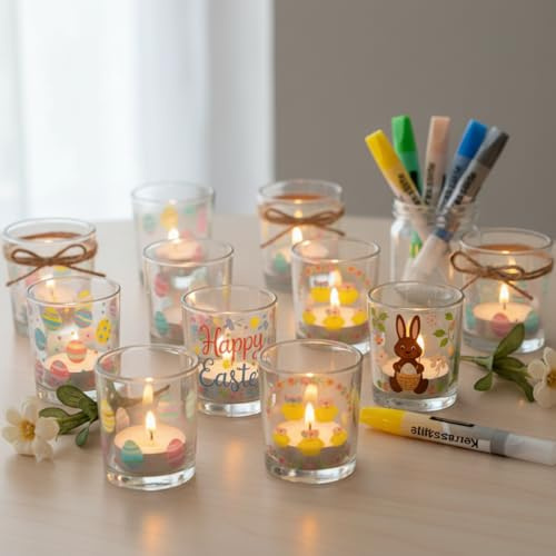 Sinmoe DIY Teelichtgläser Bemalen Set Ostern Geschenke 12 Teelichthalter aus Glas Transparent Teelicht Gläser 12 Teelichter Kerzen 6 Wachsstifte für Kerzen Kerzenfarbe Tischdeko Hochzeit Party