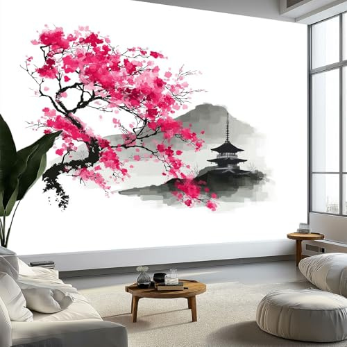 Pintura Tinta Japonesa Pagoda Montaña Flore Cerezo Papeles Pintados de Pared 200 x 140 cm Fotomurales, Blanco Tejido No Tejido Papel Tapiz Fotográfico Para Salón Dormitorio Oficina Hotel Murales