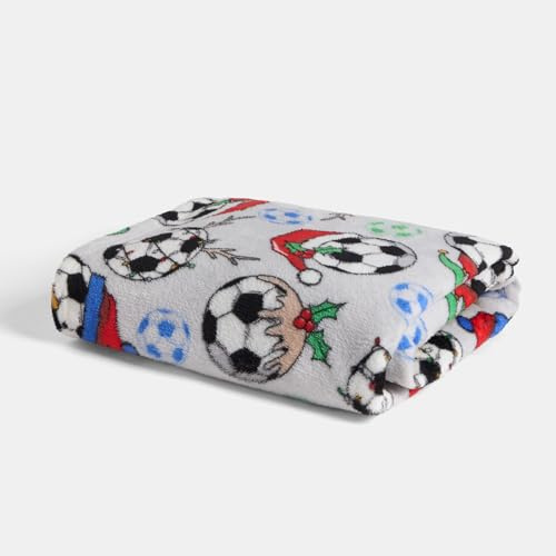 OHS Christmas Blanket Grey Throw for Sofa Xmas Football Boys Fleece Blanket for Settees Xmas Decorations Sleepover Travel Kids Room Decor Christmas Throw Single Bed Throws, 125 x 150cm