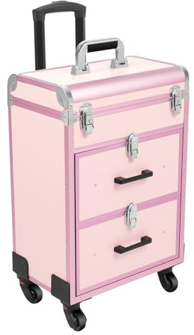57 * 36 * 23cm Make-up Rolling Train Case Trolley Schminkkoffer Rollkoffer Wasserdicht Oberfläche 3 Schichten Multikoffer Kosmetikkoffer mit 2 Schubladen und 2 Schlüssel, Pink