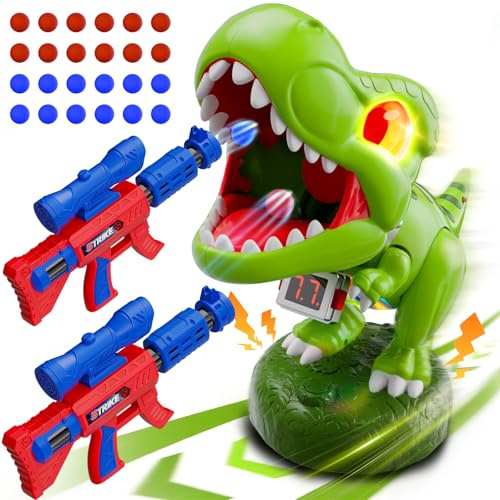 Dinosauro Giocattoli di Tiro Movimento! Giochi Bambino 3-10 anni, 2 Pistole a Pompa d'Aria con Mirino, Luminosi, Palline, Contatore LED, Ruggito, Natale Regalo Bambini 4 5 6 7 8 9 10 12 Anni Ragazzi