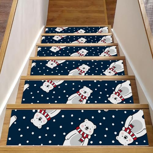 RODAILYCAY Polar Bear - Alfombra para peldaños de escalera de lunares, 15 unidades, 8 x 30 pulgadas, para peldaños de madera en interiores, almohadillas antideslizantes para escaleras, tapete