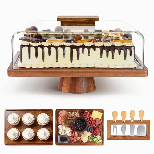 Wood Cake Stand with Lid, Rectangular Cake Holder with Baking Tools, 6-in-1 Multi-Functional Serving Platter for Cheese, Chips, Fruit Platter, Cake Display Stand for Birthday/Kitchen/Party/Wedding