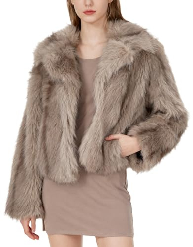 Amazhiyu Cappotto di pelliccia da donna in pelliccia sintetica, cappotto in pelliccia sintetica, giacca in pelliccia, giacca corta, giacca invernale, finta pelliccia, con tasche, cachi, S