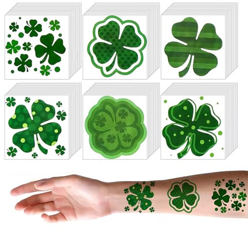 KLINNA Lot de 72 pièces St. Patrick, Tatouages temporaires à coller pour filles et garçons, Autocollants trèfle vert, Accessoires de costume de fête irlandaise étanches Visage Ordinateur portable
