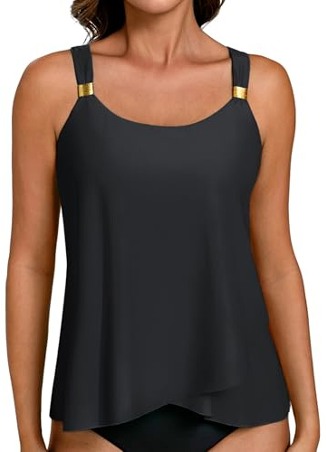 Hanna Nikole Haut tankini pour femme, haut de maillot de bain à bretelles réglables, haut de maillot de bain à ourlet fluide, haut de maillot de bain à col en U avec rembourrage (sans bas)