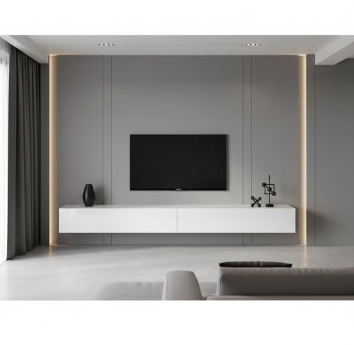 InnoFurn Lowboard Lia, hängendes Tv-Board, Moderner Fernsehschrank 330 cm lang Fernsehtisch 2er Set, Weiß matt/Weiß Hochglanz (38,5 x 330 x 30 cm)