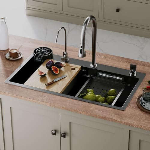SIRHONA Evier Cuisine Multifonction 80 X 45 cm avec Robinet rétractable, Bac d'égouttage + panier d'égouttage + Rinceur de verre+planche à découper, évier cuisine Accessoires d'évier complets