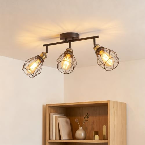 ANWIO Deckenstrahler 3 Flammig Schwarz, Vintage Deckenlampe E27 drehbar,Deckenstrahler 3 Spots, Deckenlampe LED, Lampe Wohnzimmer, Küchenlampe Decke (ohne Glühbirnen)
