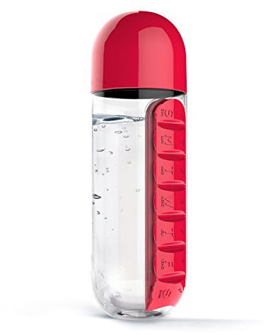 Asobu Combine Daily Pill Box Organizer with Water Bottle, 20 oz, Black (Red)