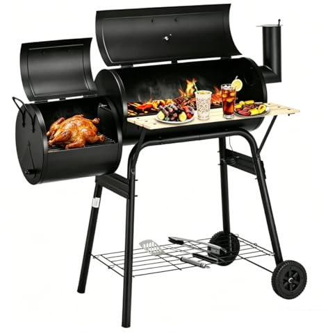 COSTWAY Charcoal BBQ Grill, Garden Barbecue Trolley with Wheels, Shelves and Thermometer, Outdoor Smoker Griller for Camping Picnic Party (with 2 Cooking Areas)