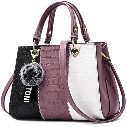 DIRRONA Damen Handtasche, PU Leder Handtasche mit Farbblock-Design und elegantem Anhänger, stilvolle Schultertasche & Umhängetasche für Arbeit, Reisen und Freizeit Mystisches Lila