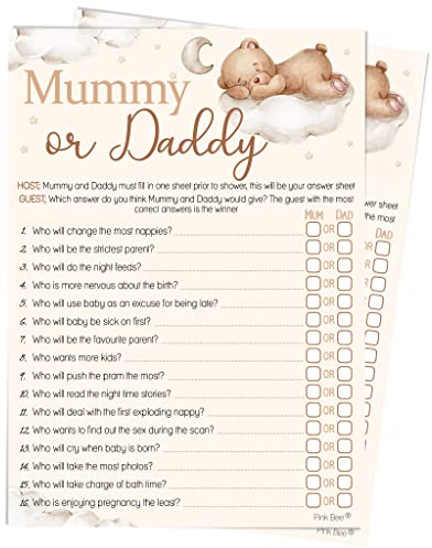 Pink Bee Parties Mummy or Daddy Baby Shower Game in Teddy Bear Theme - 20 Players