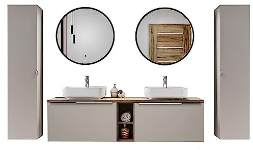 Lomadox Badmöbel Komplett Set Taupe mit Vintage Eiche, 180cm Doppel-Waschtisch mit Unterschrank, 2 Keramik Waschbecken, Regal, 2 LED-Spiegel, 2 Hochschränke