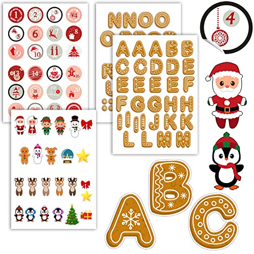 DuneDesign Über 100 Sticker Adventskalender Zahlen und Buchstaben - Zahlenaufkleber 1-24 für Namen DIY Basteln - Wichtel Aufkleber Set zum Befüllen Adventskalender Deko Bastelset für Weihnachten