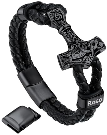 Bandmax Lederarmband Herren Mjölnir/Totenkopf/Freimaurerei Personalisiert Armbänder Männer Manschette Armband mit Magnetverschluss Wickelarmband Wikinger Armschmuck für Vater Ehemann