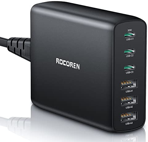 Rocoren Caricatore USB C Multiplo 100W, PD3.0 QC4.0 PPS Caricabatterie USB C Rapido, 6 Porte Indipendenti di Ricarica Rapida per MacBook Air, iPhone 16/15/14/13/12, iPad, Samsung Galaxy, Pixel-Nero