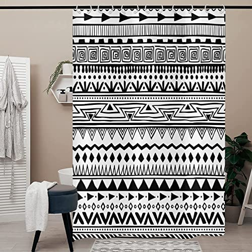 Hnmdmyi Duschvorhang Boho 180x180, Schwarz und Weiß Duschvorhänge Bauernhaus Geometrisch Tribal Bohemain Badewanne Vorhang Wasserdicht Polyester Stoff Waschbar Badevorhang für Badezimmer mit Haken