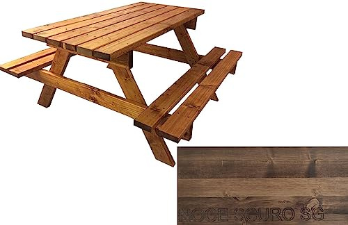 TOTAL WOOD 2012, Mesa de Picnic con Dos Bancos, Modelo Classico con Tablero de una Sola Pieza, de Madera Maciza, Conjunto de Camping Tablero + Asientos, Made in Italy (150x160x80, Nogal Oscuro SG)