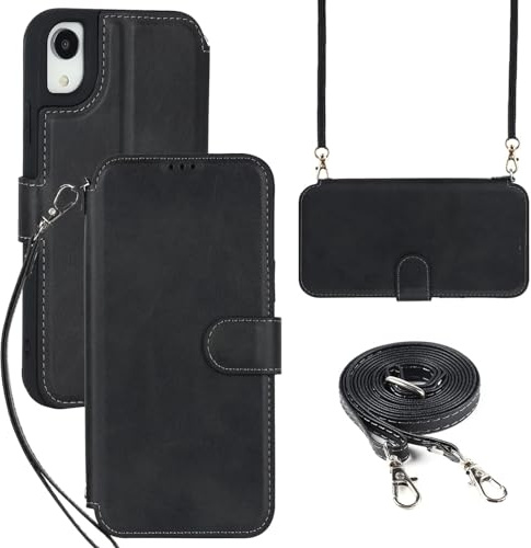 ELTEKER Hülle für iPhone XR Handyhülle mit Band Crossbody Strap, Klapphülle mit dem Verstellbaren Umhängeband - Schwarz