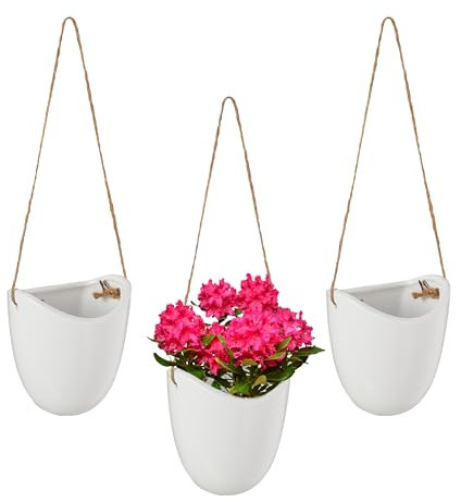 Relaxdays Wandvase 3er Set, Hängetopf innen, mit Schnur zum Aufhängen, Blumenampel, für Pflanzen & Blumen, Keramik, weiß