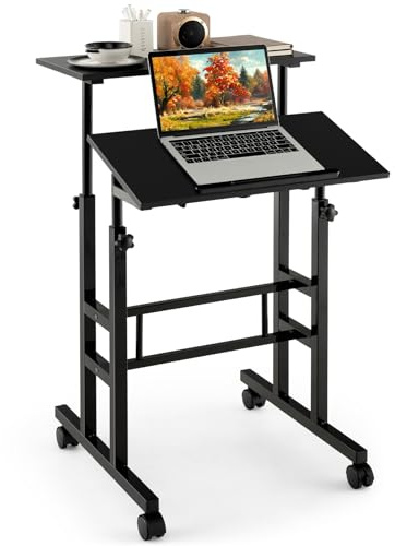 LIFEZEAL Stehpult höhenverstellbar, Schreibtisch Laptoptisch mit Rollen, beweglicher Winkel einstellbar Stehpult mit 2 Tischplatte, für Büro, Schlafzimmer & Wohnzimmer