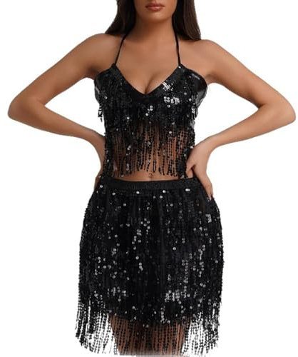 Damen Bauchtanz Kostüm Zweiteiler Sexy Quaste Pailletten BH Oberteil + Hüfttuch Rock/Shorts 2 Teiler Set Glitzer Glänzendes Festival Nachtclub Kostüm Tanzkleidung Pole Dance Outfits
