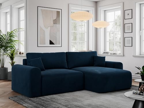 MKS MEBLE Ecksofa Nelson L-Form mit Schlaffunktion & Bettkasten, Schlafcouch 140x225 cm, Wellenfedernfür, Sofa für Wohnzimmer, Couch mit Schlaffunktion - Dunkelblau Velvet