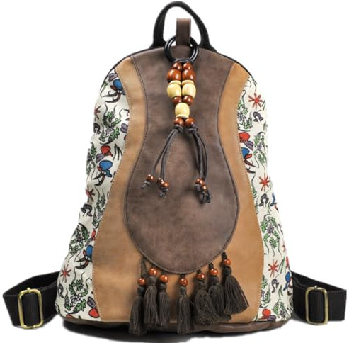 Damen Rucksack Ethnische Rucksack PU Leder Bohemien Rucksackhandtaschen Einstellbar Freizeit Vintage Schulrucksack mit Fransen und Reißverschluss für Einkaufen Reisen und Freizeit