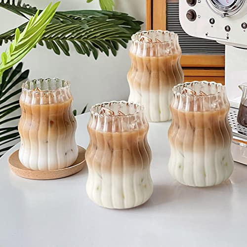 Gyrategirl Ribbed Drinking Glasses Vintage Glassware Iced Coffee Cup | Aesthetic Glass Cups, Cute Wavy Designed, Reusable Clear Smoothie Cup, Ktichen, Coffee Bar Accessories