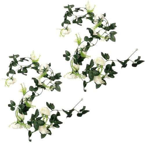 VANTOBEST 2 Pack White Rose Garland Artificial Flower Vines Fake Silk Flower Hanging Rose Garland with Greenery Plants Hanging Floral Garland for Wedding Floral Home Garden Outdoor Wall Decoration