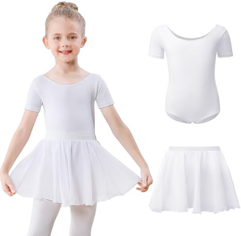 Ballettkleidung Mädchen Kurzarm Ballettkleid Baumwolle Balletttrikot Kinder Ballettanzug Ballettbody mit Chiffon Rock Tütü 3-11Jahre