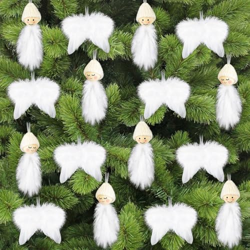Christbaumschmuck Weiß, 16 Stück Weihnachtsbaumschmuck Engelsflügel und Wichtel Anhänger Set, Weihnachtsschmuck Weiss, Christbaumschmuck, Feder zum Aufhängen für Weihnachten Party Deko