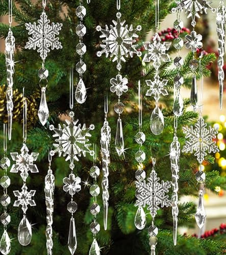 Weihnachtsdekoration, Christbaumschmuck Schneeflocken Eiszapfen Anhänger, Weihnachten Deko Kristall Christbaumschmuck Anhänger, Acryl Weihnachtsanhänger DIY Winter Dekoration, 18 Stück
