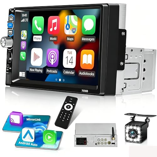 Fuluku 7 Pulgadas 1 DIN Radio Coche con Inalámbrico Carplay Android Auto 1080P Pantalla Táctil 1 DIN Radio Bluetooth 5.1/FM/SWC/Mirror Link/Cámara de Seguridad/MIC/18 UI/7 Ajustes Retroiluminación