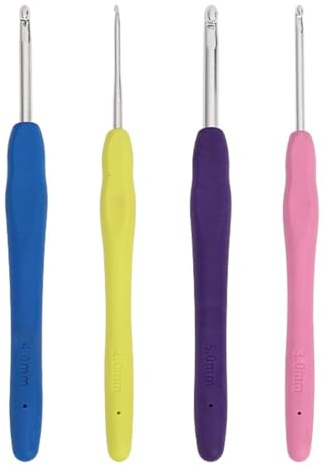 4 Stück Häkelnadel Set, Ergonomische Nadeln Metall mit Bunter Silikongriff für Anfänger (2/3/4/5 mm)