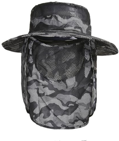 AMateschitz Camouflage Sonnenhut Herren Camo Sonnenmütze mit Nackenschutz UV-Schutz Fischerhut Männer Faltbarer Angelhut mit Breiter Krempe für Strand Reisen Urlaub Camping Fahrrad Grau 56-60CM