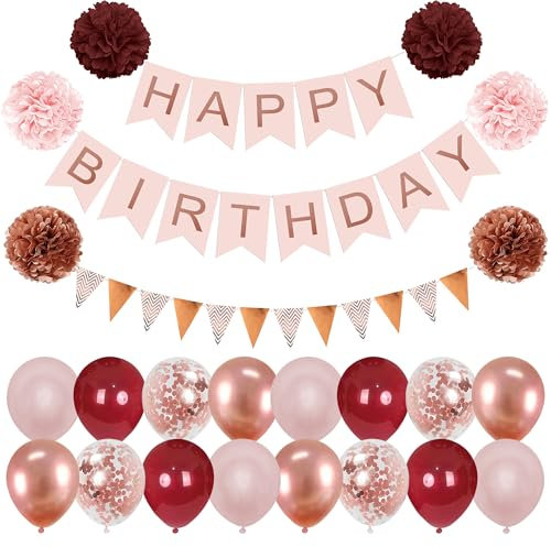 Luftballons Geburtstag Dekoration, Weinrot Rosegold Geburtstagsdeko, Happy Birthday Deko Banner, Pompons, Dreieck Flagge, Luftballons Konfetti Ballons für Geburtstagsdeko Männer Frau