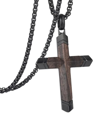 GTMJ Wooden Cross Necklace for Men -Black Ebony Stainless Steel Adjustable Box Chain 24-26in, Spiritual Jewelry Gift for Him, Everyday Wear