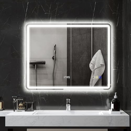 HOMCOM Badspiegel mit Beleuchtung Memory-Funktion Uhr 70x90 cm Silber | LED Spiegel, Wandspiegel, Bluetooth-Musikfunktion, 3 Lichtfarben, Beschlagfrei, Lichtspiegel, Touchschalter