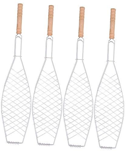 NOLITOY 4stücke Eisen-grillnetz Mit Holzgriff Fisch-grillkorb Metall-antihaft-netzclip BBQ-grillwerkzeug Für Camping Und Outdoor-Grillen