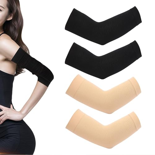 EUYKQNOI 2 pares de mangas elásticas de compresión para brazo, moldeador de brazo, masajeador de brazo, cinturón de compresión, deportivo, fitness, moldeador de brazos para mujer (negro beige)