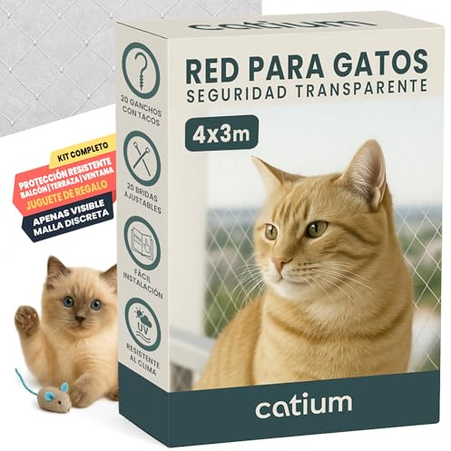 Red Para Gatos 4x3m Seguridad Transparente Ideal Balcón Ventana Terraza Protección Exterior Interior Malla Antidesgarro Duradera Montaje Kit Completo Cuerda Ganchos Bridas Juguete Regalo (4x3 metros)
