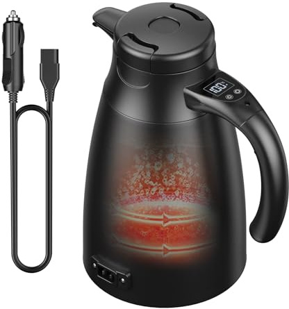 12 V-24 V vattenkokare för bil, 1,2 liter, elektrisk mobil vattenkokare i rostfritt stål med 12/24 volt cigarettändare för varmt vatten, kaffe, te, lastbil, bil, resor, camping