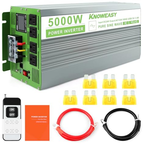 Knoweasy 5000W Pure Sine Wave Inverter 24V DC to 110V 120V AC Converter 10000W Peak with LCD Display, Remote Control, Dual AC Outlets, USB Charging Port and Wiring Terminal for Home RV Solar System
