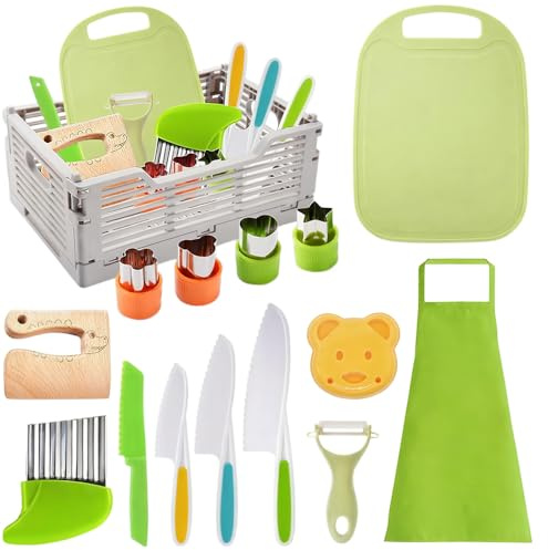Foreverup 15 Stück Kindermesser Set, Kinder Sicherheit Kochmesser Küchenmesser Set, Montessori Messer mit Schürze Gemüse, Ausstechformen,Schneidebrett,Geburtstagsgeschenke für Kinder ab 2 Jahren