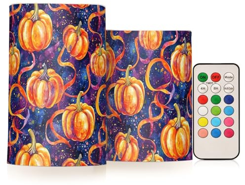 Velas parpadeantes sin humo, 2 piezas con temporizador de 4 horas y 8 horas, funciona con pilas, decoración del hogar, fondo de Halloween con calabazas